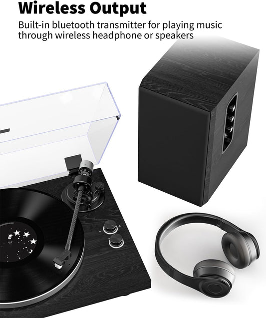 Turntable Vinyl Record Player Support Bluetooth Output Phono/Line Switch Pitch Control with Pre-Installed Counterweight & Magnetic Cartridge, Belt Drive 2 Speed