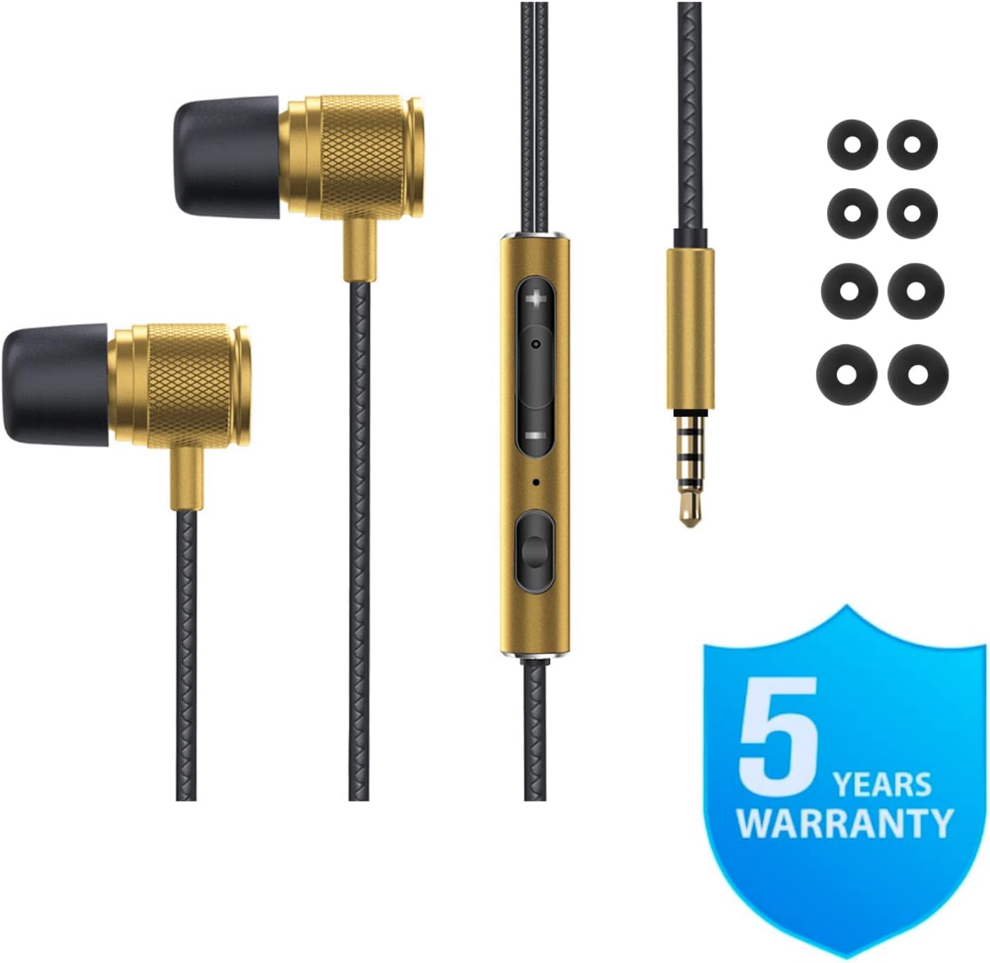 LUDOS Ultra Wired Earbuds in-Ear Headphones, 5 Years Warranty, Earphones with Microphone, Noise Isolating Ear Buds, Memory Foam for iPhone, Samsung, School Students, Kids, Women, Small Ears - Gold