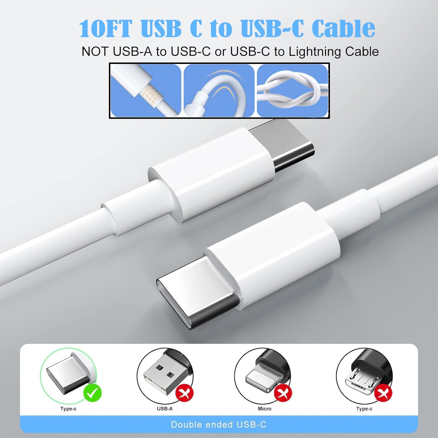10FT Fast Charging Cord for iPhone 16 15,3Pack Extra Long 10Foot USB C to Type C Charger Cable 20W USB C Charger Block Cube Super Quick Charging for iPhone 16 15 Pro/Plus/Pro/Pro Max,iPad Pro/Air/Mini