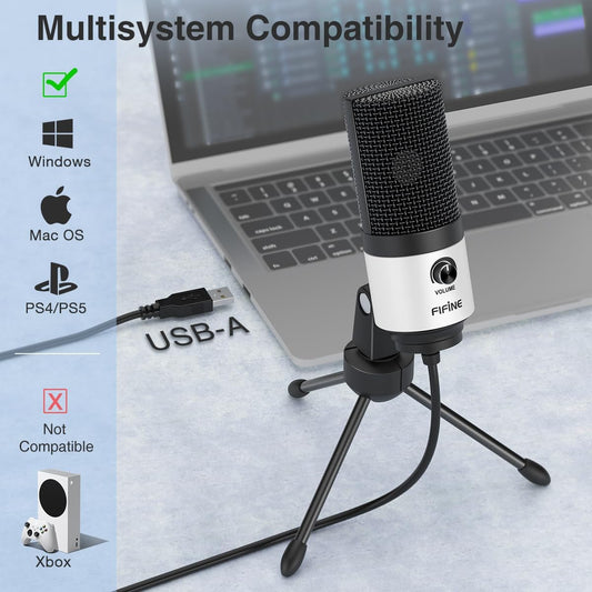 FIFINE USB Podcast Microphone,PC Computer Recording Mic for Desktop Laptop,Studio Condenser Microphone with Volume Knob for Voice-Over, Vocals, Online Meeting, YouTube-K669W
