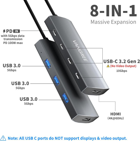VANGREE USB C Hub, 3 USB 3.2 Gen 2 Ports with 10Gbps, 4K@60Hz HDMI, 100W Power Delivery, 3 USB-A 3.0 Ports, USB C Splitter Multiport Adapter Extender for MacBook Pro/Air, iPad Pro, Mac mini and More