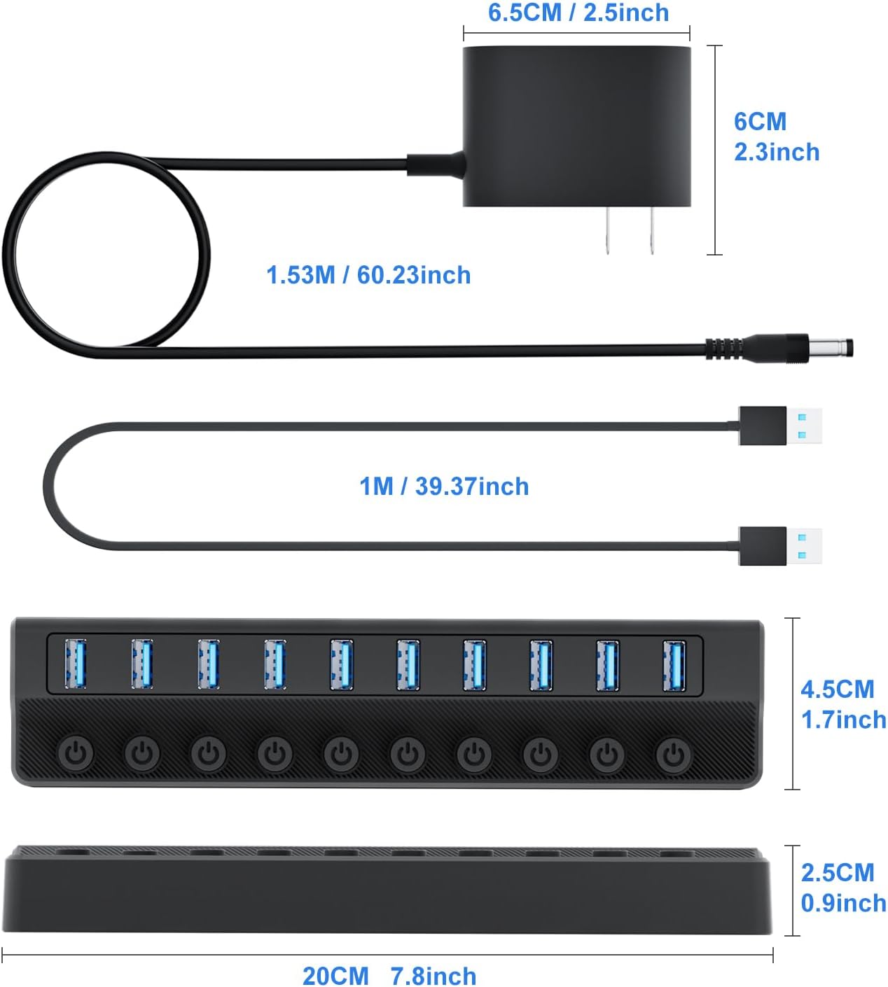 Powered USB Hub 3.0, 10-Port USB Splitter Hub with Individual On/Off Switches and 12V/2A Power Adapter USB Extension