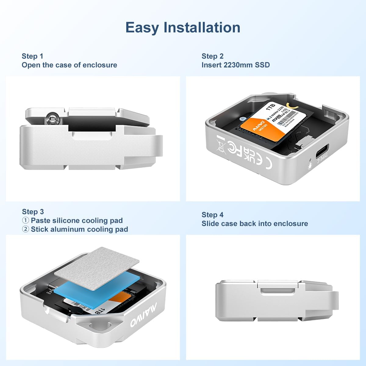 MAIWO USB-C Enclosure for M.2 2230 PCIe NVMe NGFF SATA SSDs, 10Gbps Full Metal Compatible with iPhone 15/16 Pro/Pro Max 4K ProRes Recording, Windows, macOS, Linux
