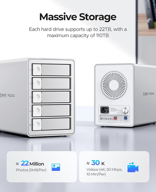 ORICO 5Bay RAID External Hard Drive Enclosure for 2.5/3.5 Inch SATA HDD/SSD up to 5X 24TB, USB3.0 Type-A Hard Drive Docking Station, Supports RAID 0/1/3/5/10/JBOD/Clone/ClearMode -9958RU3