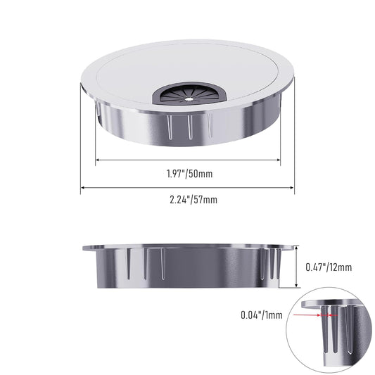 2 Pack Desk Grommet 2 Inch 50mm, Zinc Alloy Computer Desk Wire Hole Cover, Office Desktop Cord Cable Hole Metal Ring, Silver Tone