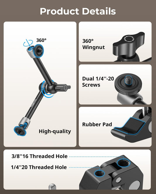 SMALLRIG Clamp w/ 1/4" and 3/8" Thread and 9.8 Inches Adjustable Friction Power Articulating Magic Arm with 1/4" Thread Screw for LCD Monitor/LED Lights - KBUM2732B