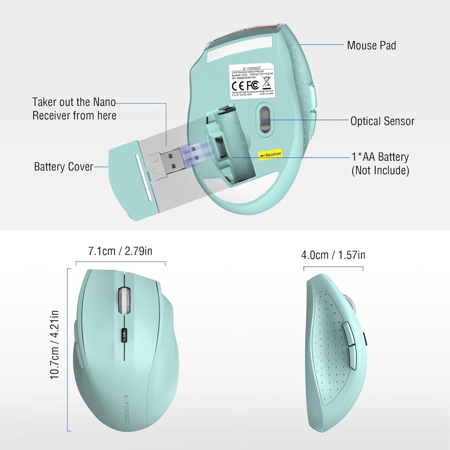 E-YOOSO Wireless Mouse for Laptop, Portable Optical Computer Mouse, 6 Buttons, Cordless 2.4GHz with USB Receiver, 5-Level 4800 DPI, 18 Months Battery Life for PC Chromebook Windows Mac