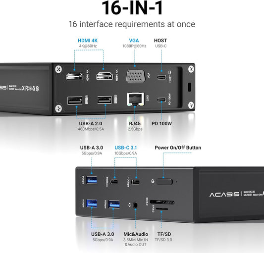 ACASIS USB C Docking Station Dual Monitor,16-in-1 Laptpop Docking Station with 2* HDMI,VGA,2.5G Ethernet,SD/TF,10Gbps USB-C 3.1,3.5mm Audio,PD100W,USBC Hub for MacBook/Dell/Lenovo/HP/ThinkPad (Black)