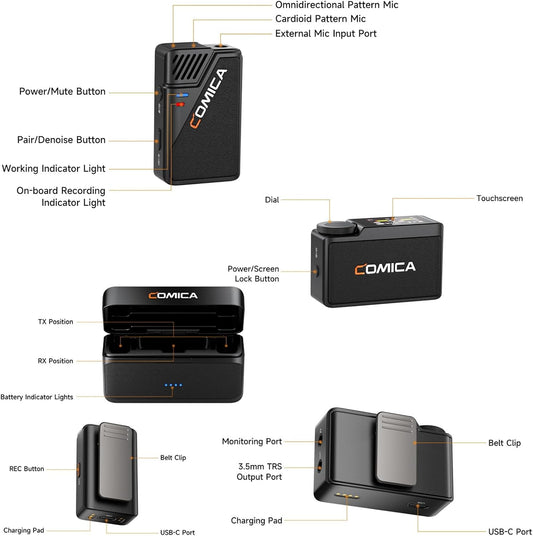 COMICA BooMax Wireless Lavalier Microphone for Cameras, Smartphones, 2.4G Internal Dual Lapel Mic with 32G Storage,Noise Cancellation,IPS Touchscreen for Vlogs, Interviews, Live Streamings,TikTok