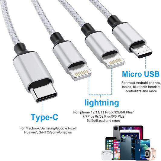 iPhone Charging Cable 1.8M/6Ft Multi 4 in 1 USB Universal Fast Charging Cord Multi Charging Cable Lightningx2+Type C+Micro USB Port Connectors Adapter for Android/Apple/iOS/Samsung/LG/Huawei/XiaoMi