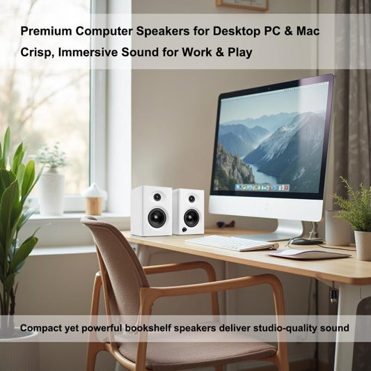 Computer Speakers for Desktop PC, 60W Powerful Sound with Deep Bass & Clear Treble – Compact Active Bookshelf Speakers for Home Office, Laptop, Music, Monitor (White, Pair)