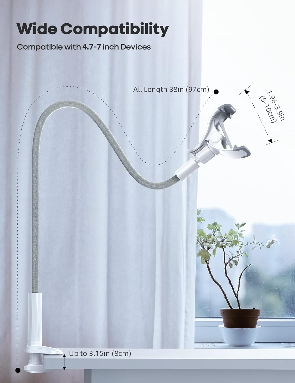 Lamicall Phone Holder Bed Gooseneck Mount, Cell Phone Clamp Clip for Desk, Flexible Long Arm Headboard Bedside Lazy Bracket, Overhead Table Stand Grey