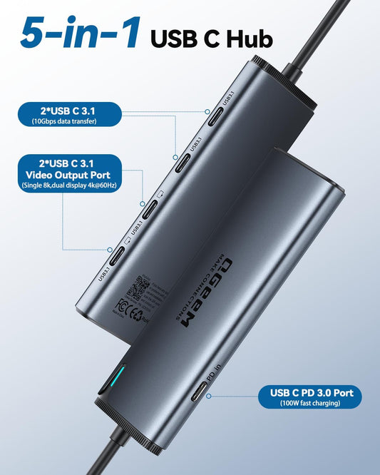 QGeeM USB C Hub,Multiple Converter Adapter 5 in 1,Type C Splitter Extender with Single 8K,Dual 4K/60Hz,10Gbps Data Transfer,PD 100W,for MacBook Pro,iMac,HP(M1/M2 only 1 Display