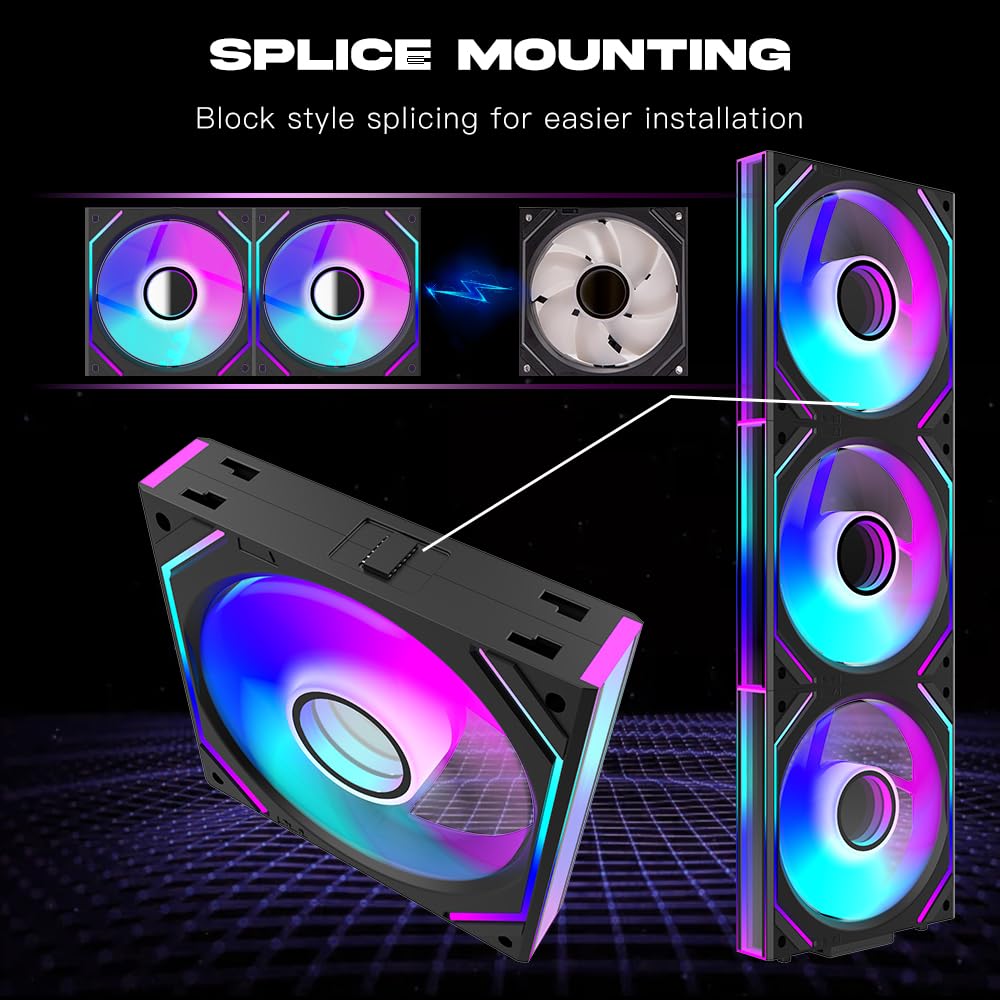 Jungle Leopard Interstellar V2 120mm PC Reverse Blade Case Fan Infinity Mirror Module Daisy-Chain ARGB Fan Triple Pack with Controller Suitable for Computer Case & 360mm AIO Cooler(Black-3pack)