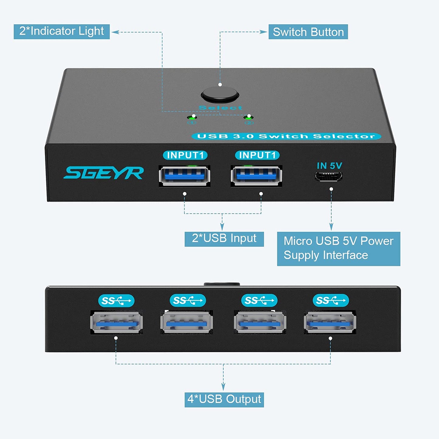 SGEYR USB 3.0 Switch USB Switcher 2 Computers Sharing 4 USB Devices USB Metal KVM Switch for Printer, Keyboard switches, Scanner PCs with One-Button Swapping and 2 Pack USB Cables