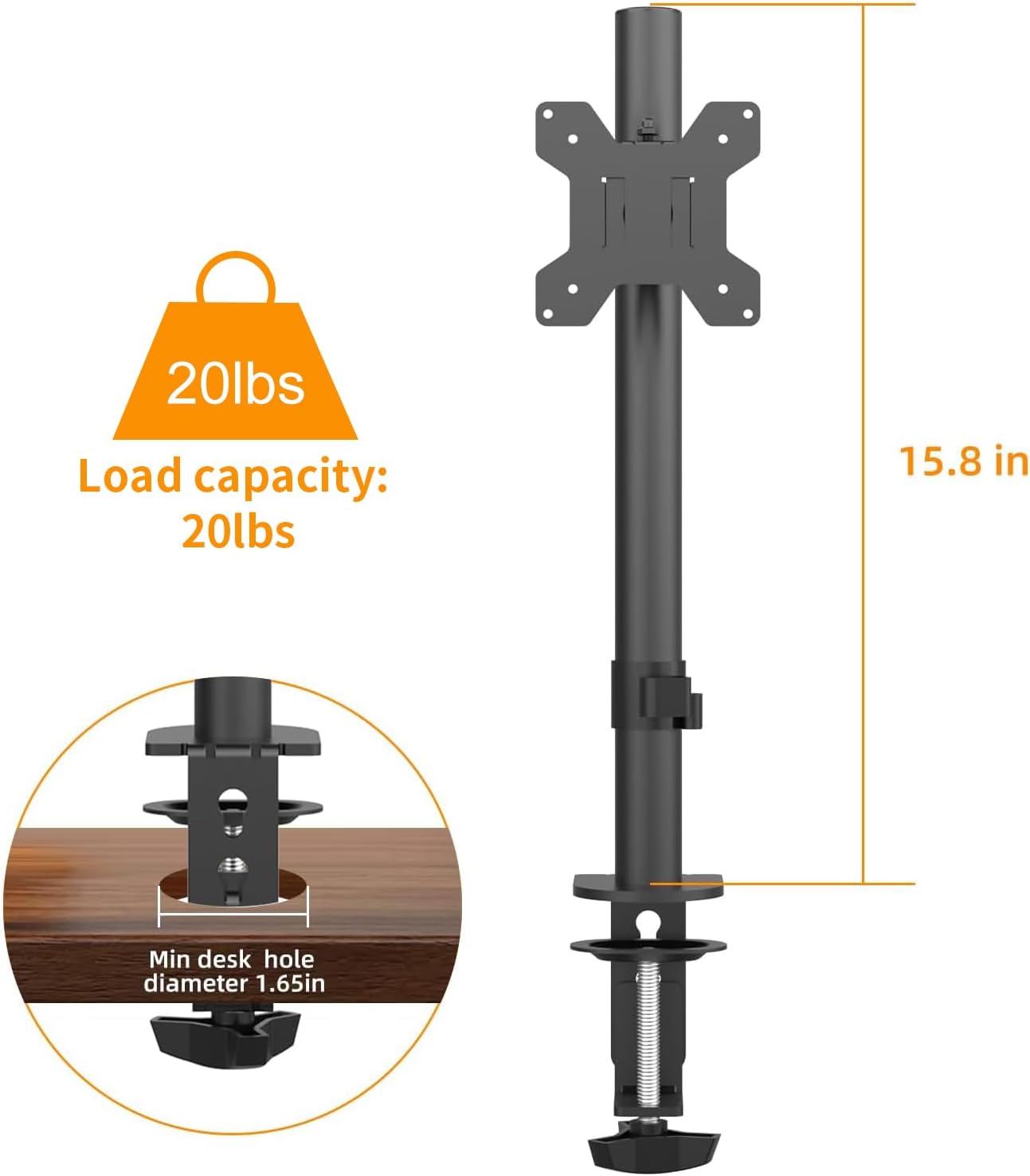 PHOLITEN Monitor Mount for Most 13-32" Computer Screens up to 20lbs,Adjustable Single Desk Monitor Stand with Tilt Swivel Rotation, VESA 75x75mm/100x100mm