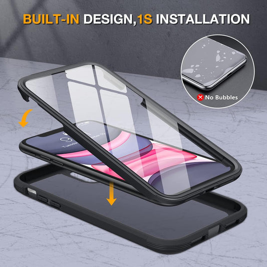 Miracase Glass Series for iPhone 11 Case 6.1 inch, Upgraded Full-Body Rugged Phone Bumper Case Cover with Built-in 9H Tempered Glass Screen Protector and Camera Protector, Matte Black