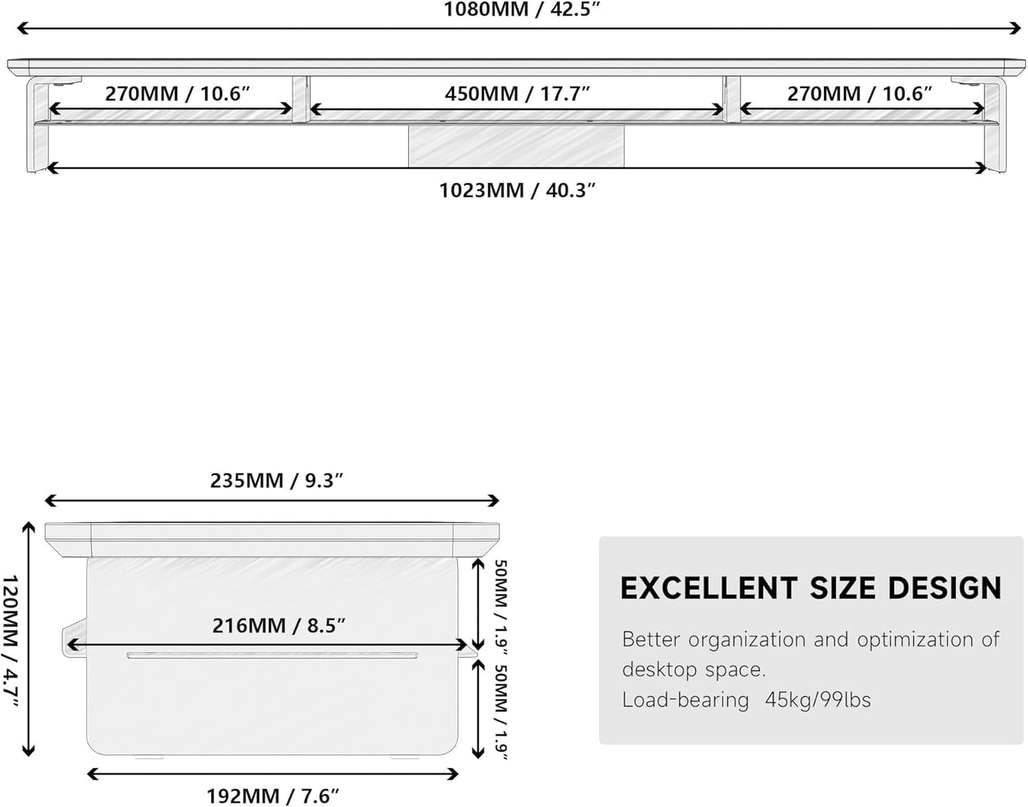 Fenge Acrylic Monitor Stand Riser, 42.5 Inches Dual Monitor Stand with Metal Storage, 2 Tier Acrylic Computer Riser for Desk, Clear Laptop Stand for PC, Laptop, Printer, TV, Brown