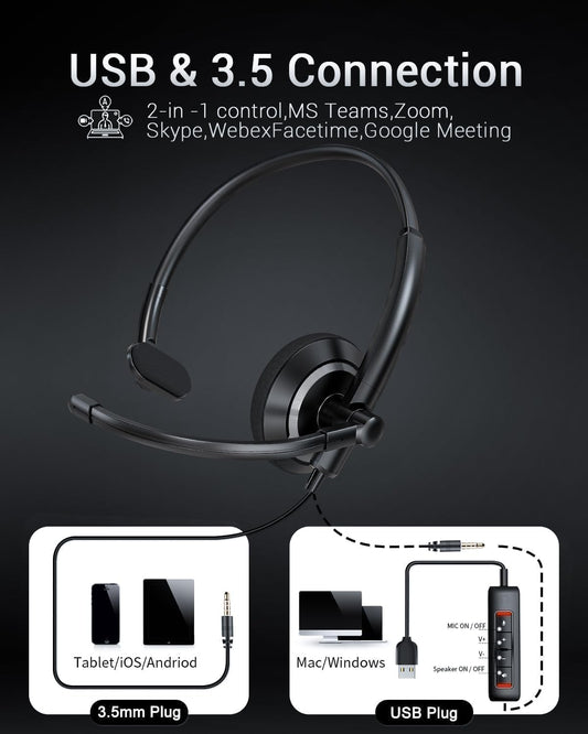 USB Headset with Microphone for PC - Lightweight Single-Ear Computer Headset, Crystal Clear Sound & Comfort Fit, Flexible Steel Headband (3.5mm+USB)