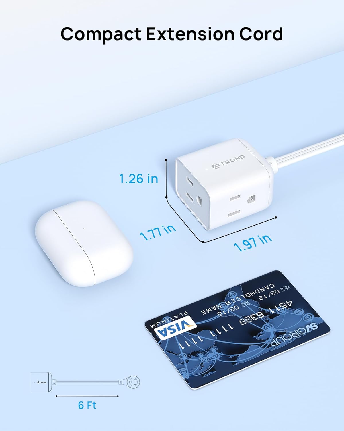 TROND Flat Extension Cord 6ft with 360° Rotating Plug, Low Profile Small Power Strip, 3 Prong Grounded Outlets Cube, 13A, SPT 16/3 Gauge Cable, for Indoor Home Office Cruise Travel Essentials, White