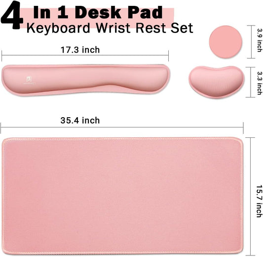 4-in-1 Large Gaming Mouse Pad, Keyboard Wrist Rest Pad & Wrist Support Mousepad Set, Extended Desk Pad Waterproof Desk Mat for Home Office Study Game-Pink