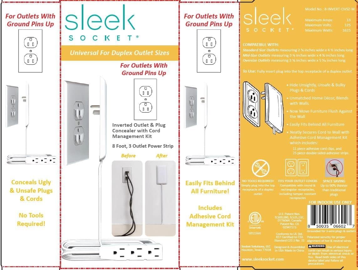 Sleek Socket Original & Patented Ultra-Thin Outlet Concealer with Cord Concealer Kit, Flat Extension Cord with Multi Outlets Power Strip, Ideal for Home Improvement, Hide Bulky and Messy Cords