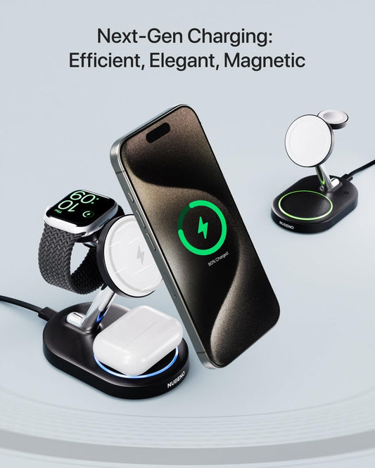 Charging Station for iPhone 16/16 Pro/16 Pro Max, Wireless Charger for MagSafe iPhones, 3 in 1 Magnetic Charger Stand for iPhone 16/15/14/13/12 Series, Apple Watch & AirPods.(Blk)