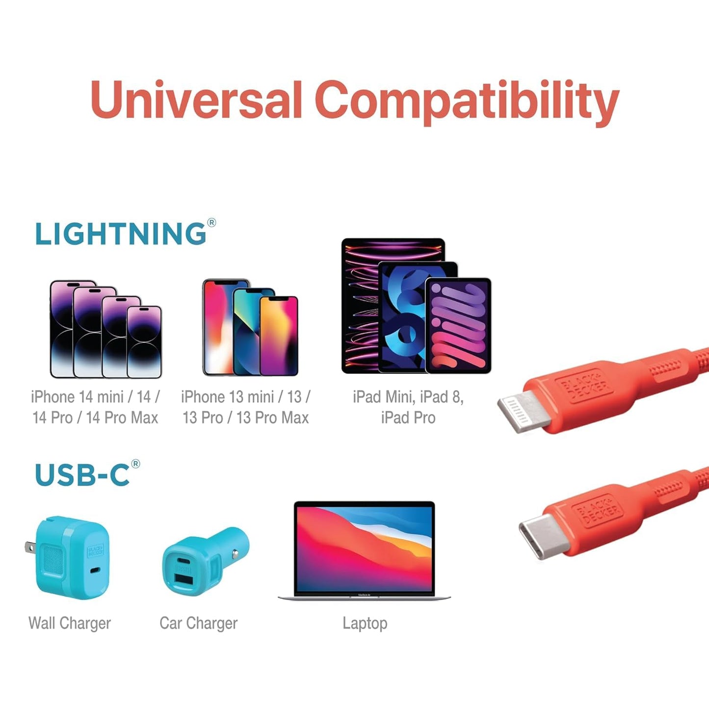 BLACK+DECKER USB C to Lightning Cable - Fast Compatible iPhone Lightning Cable - Durable Braided Type C iPhone Charger Cord - for Travel and Daily Use - Multiple Colors and Lengths - 6ft