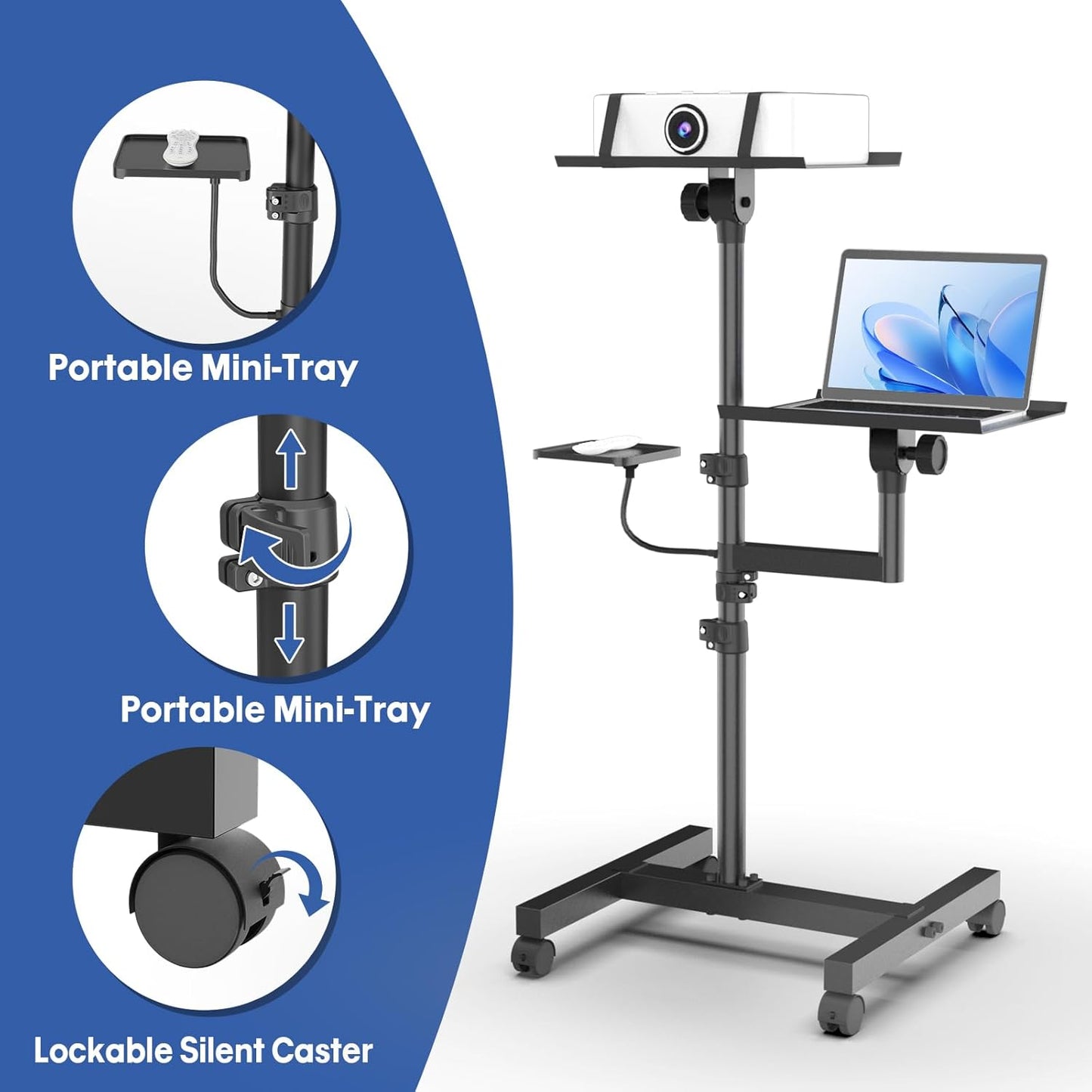 2 Shelves Mobile Projector Stand, Rolling Laptop Stand Adjustable Height to 47 Inches, Podium Stands with Ventilated Tray, Heavy Duty, Laptop Floor Stand for Office, Home, Stage, DJ