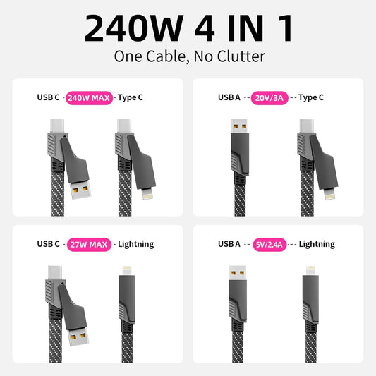IDISON USB C Cable, 240W MAX 4 in 1 Charging Cord 5FT with E-Mark Chip, Fast Charging USB A/C to C/Lightning Cable for iPhone 16/15/14/13 Series, MacBook/Pad/Android/Tablets and More