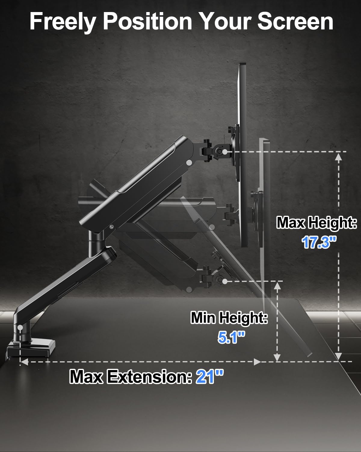 Single Monitor Mount Arm, Fits 13-32 Inch, Holds 4.4-22lbs, Full Motion, VESA 75x75/100x100, Desk Mount Freelift Pro