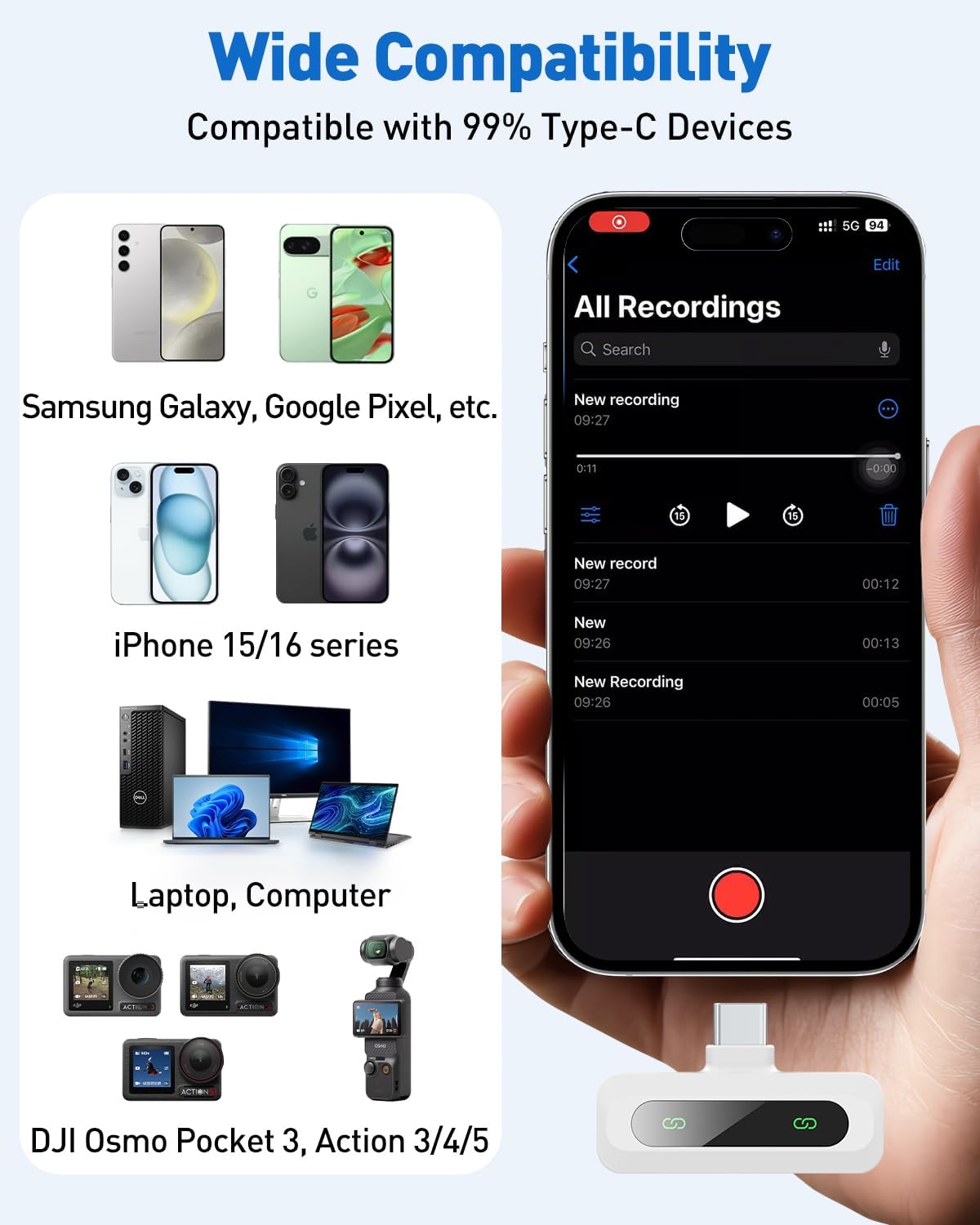 USB C Lavalier Microphone Wireless Mini Mic for Type-C Android Phone/Tablet/PC Video Recording Clip-on Mics with Rotatable Clip&Denoise Recording, Ideal for Vlog Tiktok YouTube Content Creator, White