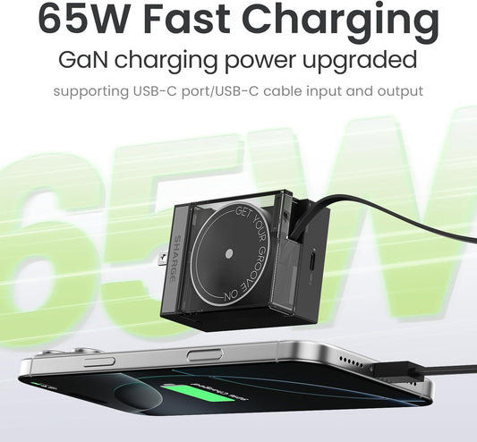 Retractable 65W USB C Charger, GaN Power Wall Charger with Retractable Cable, 2 Devices PD Fast Charging for MacBook Pro/Air, iPhone 16,Pixel Book, iPad Pro Black