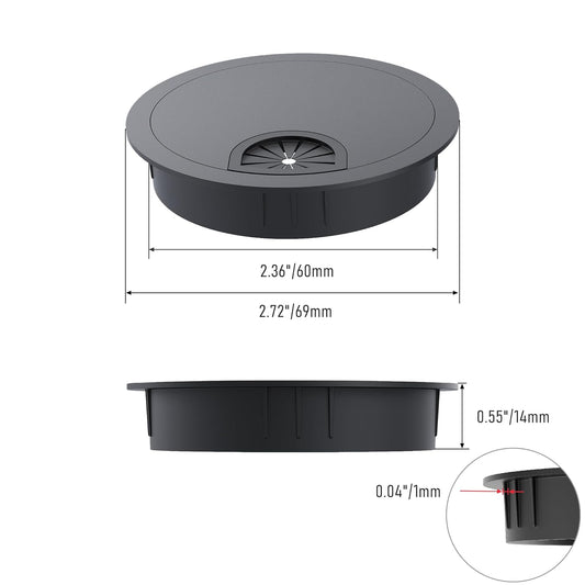 2 Pack Desk Grommet 2-3/8 Inch 60mm, Zinc Alloy Computer Desk Wire Hole Cover, Office Desktop Cord Cable Hole Metal Ring, Black