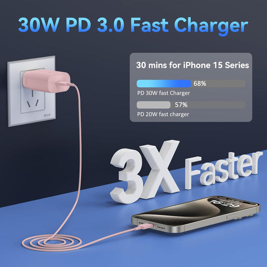 Phone 16 15 Charger 10FT USB C to C Fast Charging Cord,30w USB C Phone 16 15 Pro Max Fast Charger Block for Phone 16 15/16 15 Pro Max/16 15 Pro/15 Plus/Pro 12.9/11 inch,Samsung Galaxy S24 Ultra,Pink