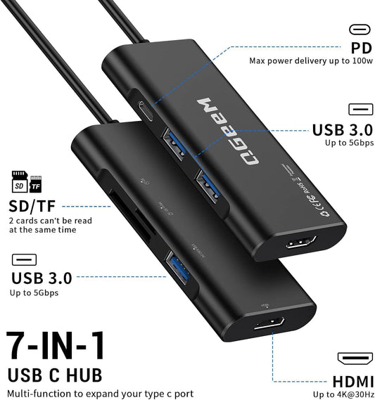 USB C Hub, QGeeM USB 4k to HDMI Adapter, 7 in 1 USB-C Dongle with 100W PD,USB 3.0, Card Reader, Compatible for MacBook iPhone 15/16 Ipad Pro max,Chromebook Laptop USB Type C Dock-Black