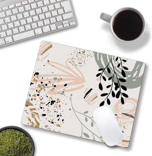 Mouse Pad with Abstract Art Design, Square Waterproof Non-Slip Rubber Base Mouse Mat for Office Laptop, Modern Boho Leaves