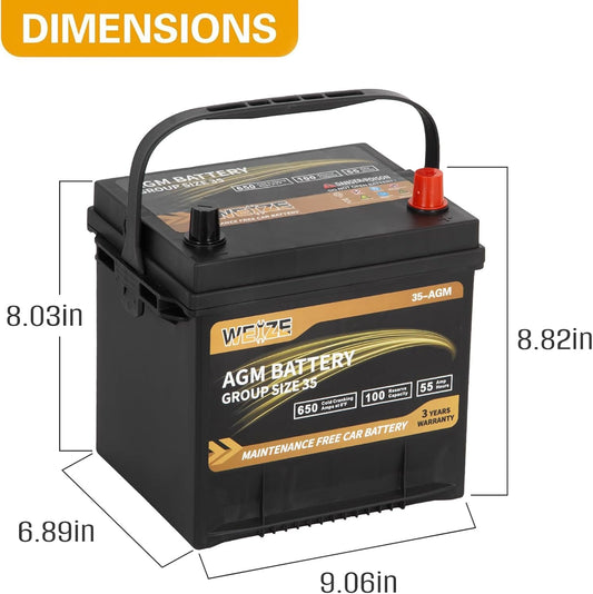 Weize Platinum AGM Battery BCI Group 35 Automotive Battery, 100RC, 650CCA, 36 Months Warranty