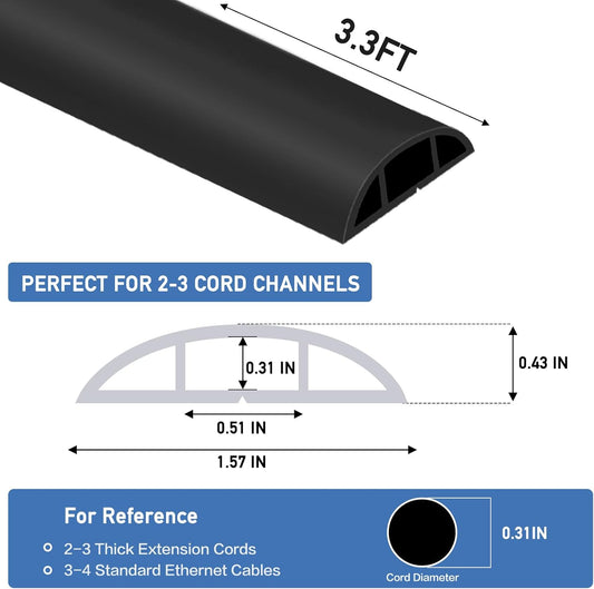 Floor Cord Cover Self Adhesive Cord Hider Floor Extension Cord Covers for Floor Power Cord Protector Cable Management Prevent Cable Trips Cable Cavity 0.51" W x 0.31" H (Black, 3.3Ft)