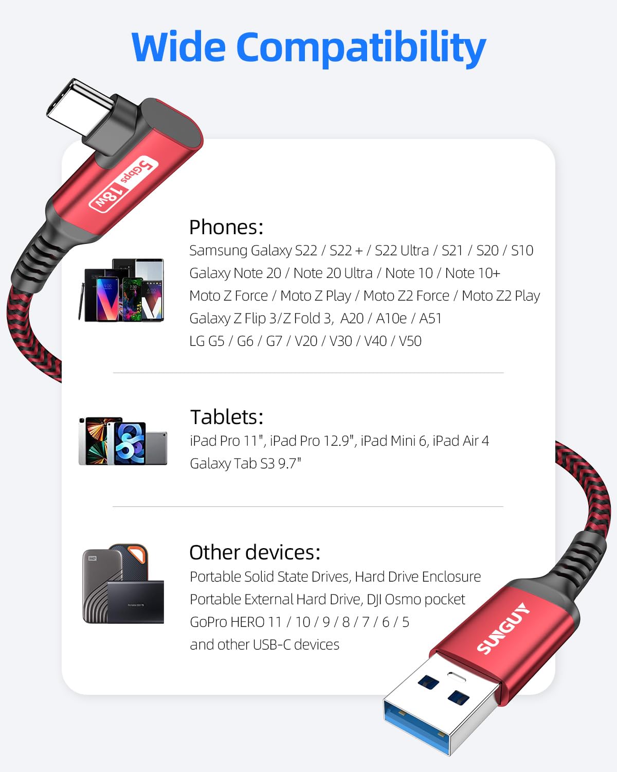 SUNGUY USB C Cable Right Angle 10FT, 5Gbps USB 3.0 to USB C Data Cable Compatible with iPhone 16/15 Series, Android Auto, Samsung Galaxy S24/S23, SSD, Huawei P30/P20, i-Pad Pro-Red