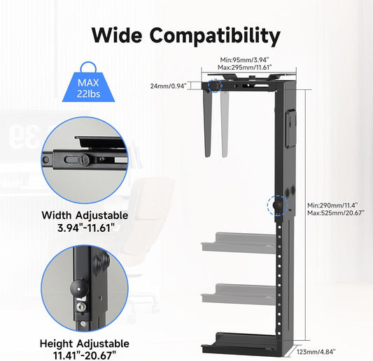 Suptek Adjustable Under Desk and Wall PC Mount,3.94 to 11.61 inch Wide Computer Case CPU Hanger Holder 360 Degree Rotatable Under-Desk PC Hanging Stand Holder Mount (ZJJ001L)