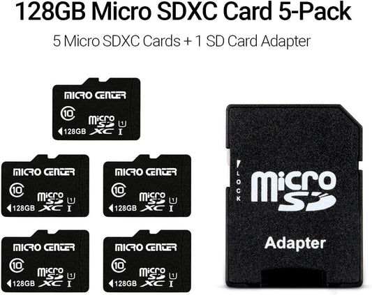 Micro Center 128GB Class 10 MicroSDXC Flash Memory Card with Adapter for Mobile Device Storage Phone, Tablet, Drone & Full HD Video Recording - 80MB/s UHS-I, C10, U1 (5 Pack)