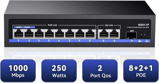 11-Port PoE Gigabit Switch, 8 PoE+ Port, 2 Gigabit Uplink, 1 SFP Port, 120W AI Detection, Qos, Fanless Metal Plug & Play Unmanaged Network Switch
