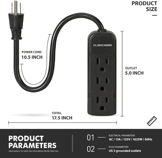 Power Strip with Flat Plug - 3 Ground Outlets 7 Inch Heavy Duty Braided Extension Cord Flat Plug Mountable Outlet Strip for Computer/Home/Office
