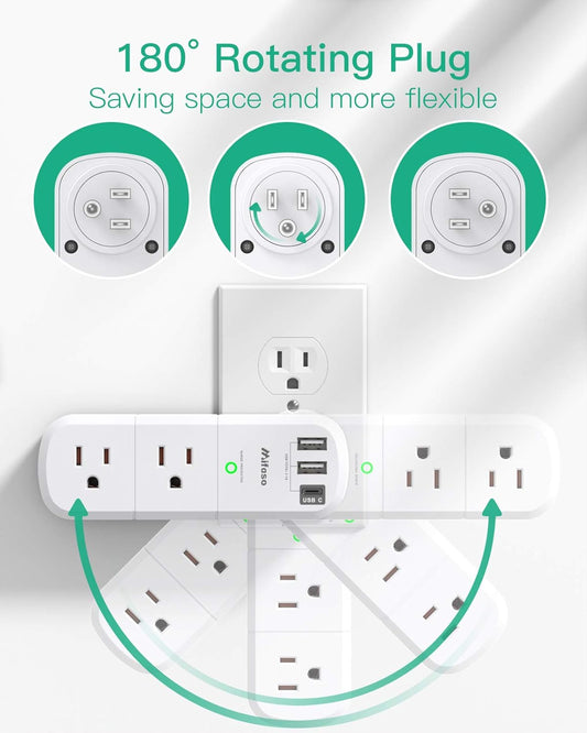 Surge Protector USB Outlet Extender, 6 AC Multi Plug Outlet and 3 USB Ports (1 USB C), 3-Sided Swivel Power Strip Outlet Splitter for Home, Dorm Room Essentials (2 Pack)