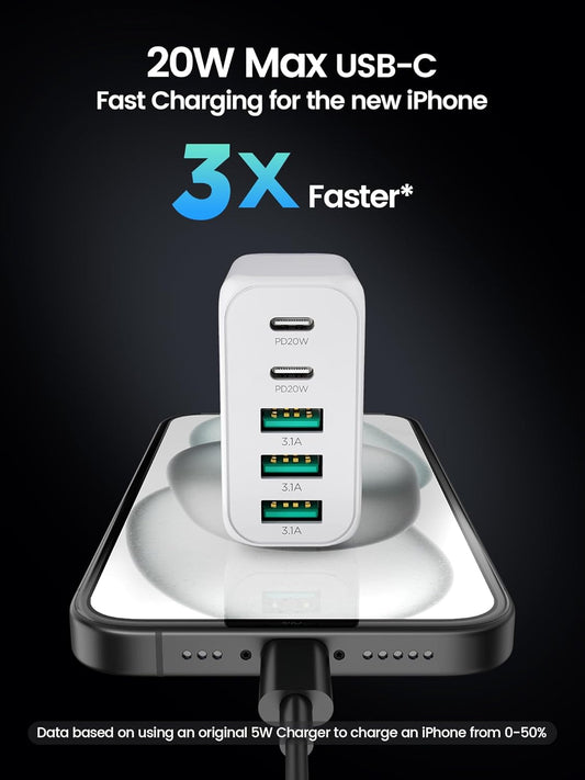 USB C Charger Block, Type C Charger Fast Charging,Total 50W 5-Port USB Wall Chargers Multiport Type C Charging Block Cube for iPhone 16 15 14 13 12 11 Pro Max XS, iPad, Samsung & More-White