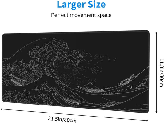 Japanese Sea Wave Large Mouse Pad, Anime Black Gaming, Extended Kanagawa Mat Desk Pad, 3mm Thick Long Non-Slip Rubber Base Mice Pad, 31.5 X 11.8 Inch