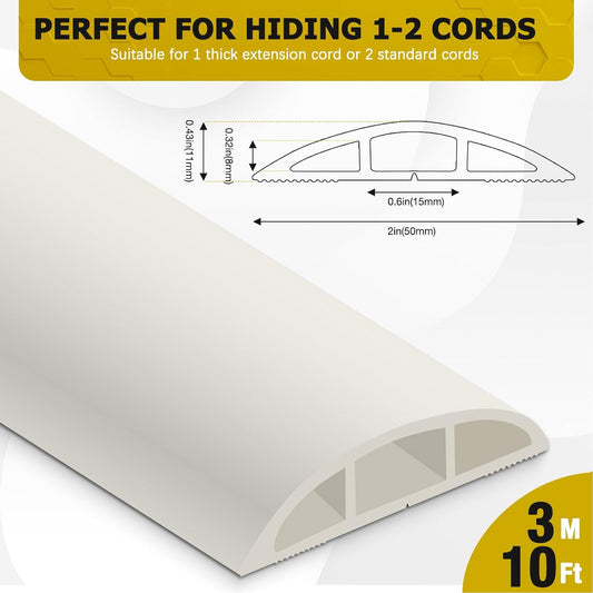 Floor Cord Cover 10FT Cord Covers for Wires on Floor Protect Wires & Prevent Trip Hazards, Easy to Cut for Home, Office, School, Concerts, Cavity W0.6in x H0.32in
