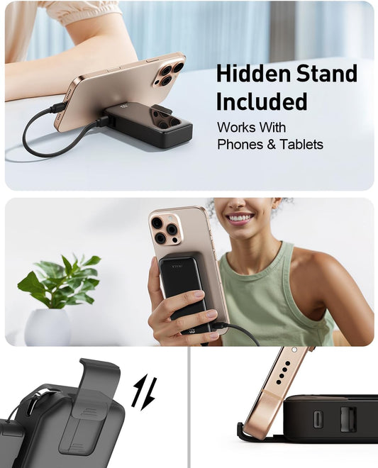 iWALK Portable Charger, Ultra Small 10,000mAh 30W PD Power Bank, USB C in&Out Fast Charging Battery Pack with Stand, Travel Essential Phone Powerbank for iPhone 16/15 Pro Max, Samsung S25/S24 Series