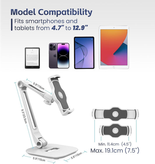 Tablet Stand Universal Holder for 4.9" - 12.9" Devices, 360° Rotating Security Stand for iPad, iPad Air, Samsung, Height Adjustable Foldable Table Top (White)